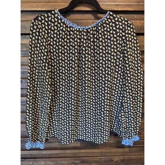 Boden Floral Blouse Top Womens Size 6 Navy Yellow Sheer Sleeves Ruffle - Picture 1 of 11